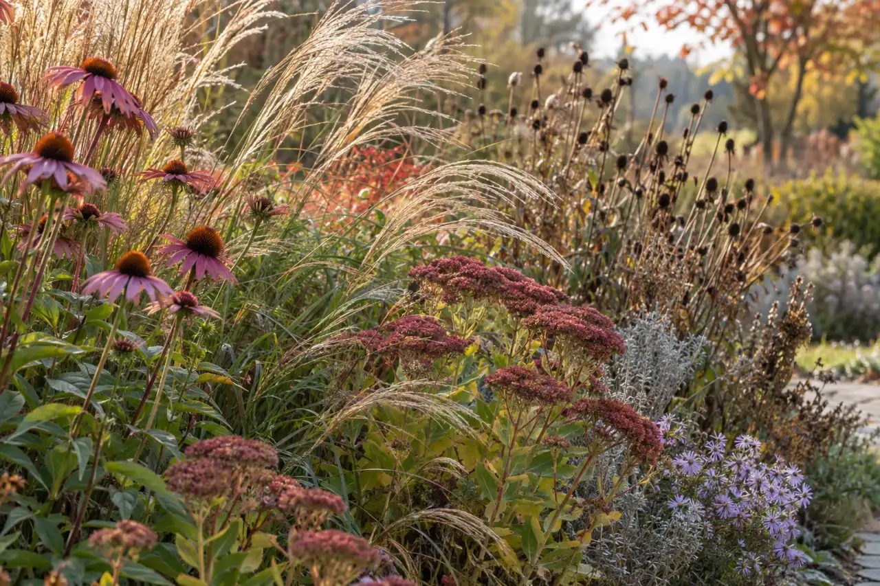 Blüten, bewegte Gräser und Samenstände in einem saisonalen Gartenbild