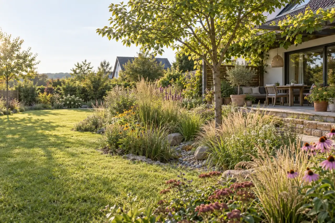 Einladender Klimagarten mit lichtem Hausbaum, Pflanzbändern, Regenmulde und Sitzplatz