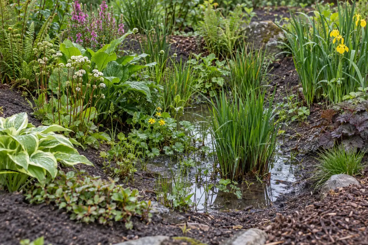 Bepflanzter Tiefpunkt einer Regenmulde mit feuchtem Boden