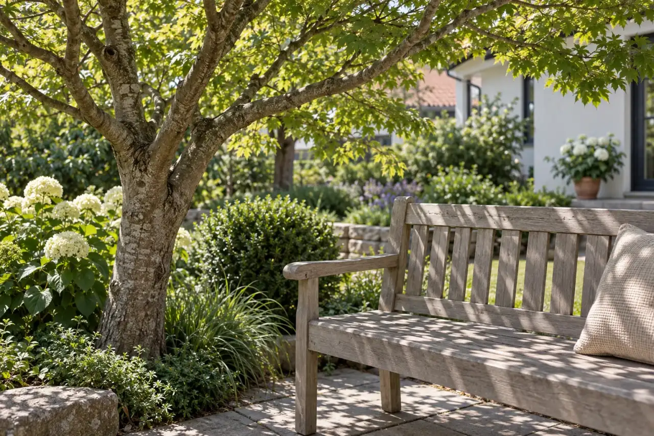 Lichter Schatten eines kompakten Gehölzes an einem Gartensitzplatz