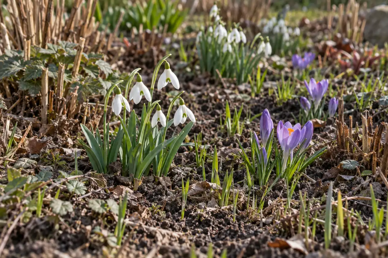 Frühjahrsblühende Zwiebelpflanzen zwischen Stauden und Gräsern