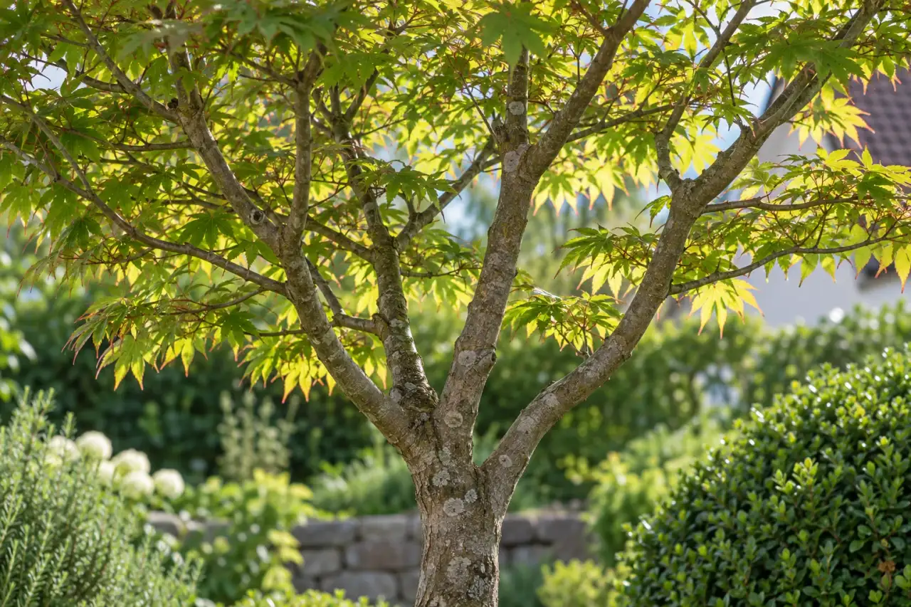 Lichte Krone und Stamm eines kompakten kleinen Gartengehölzes