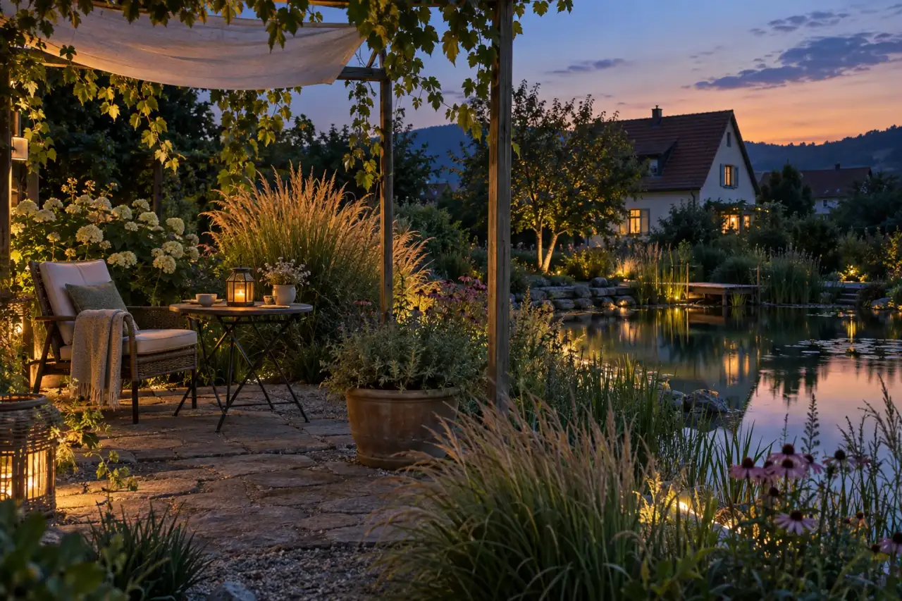 Ruhiger Lieblingsplatz im Klimagarten am Abend