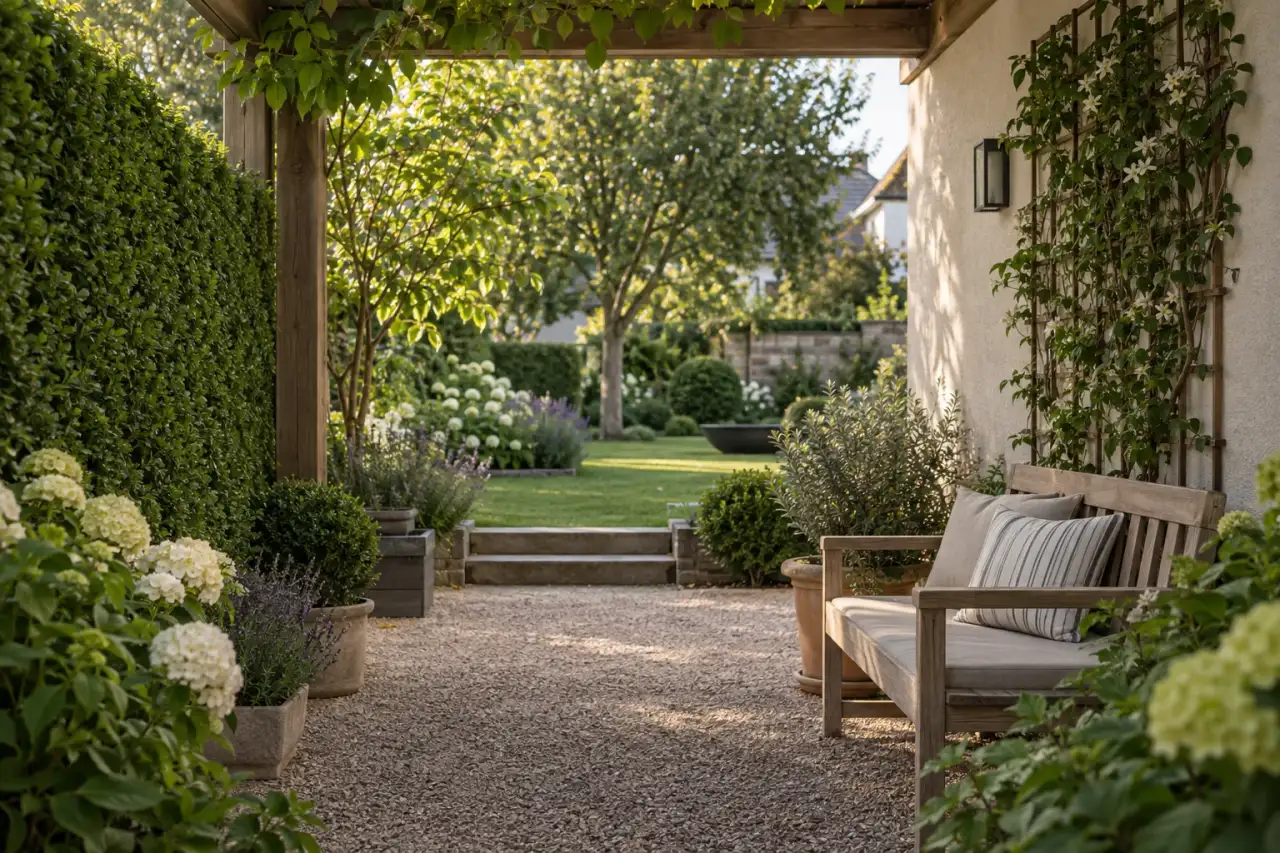 Geschützter Gartenraum mit Hecke, Rankgerüst und Bank an der ruhigen Seite