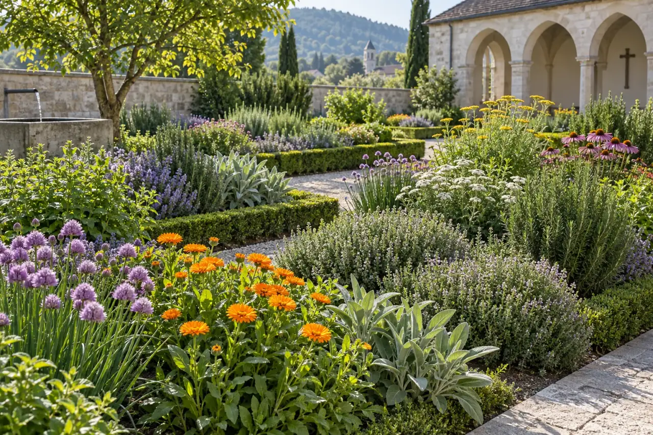 Geordnetes Mischbeet mit Kräutern, Schnittlauch, Ringelblumen und Blütenstauden