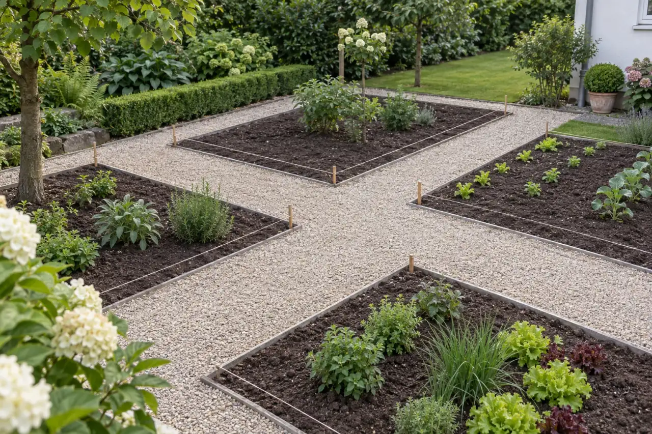 Rechtwinklige Wege und geometrische Beete als ruhige Grundstruktur