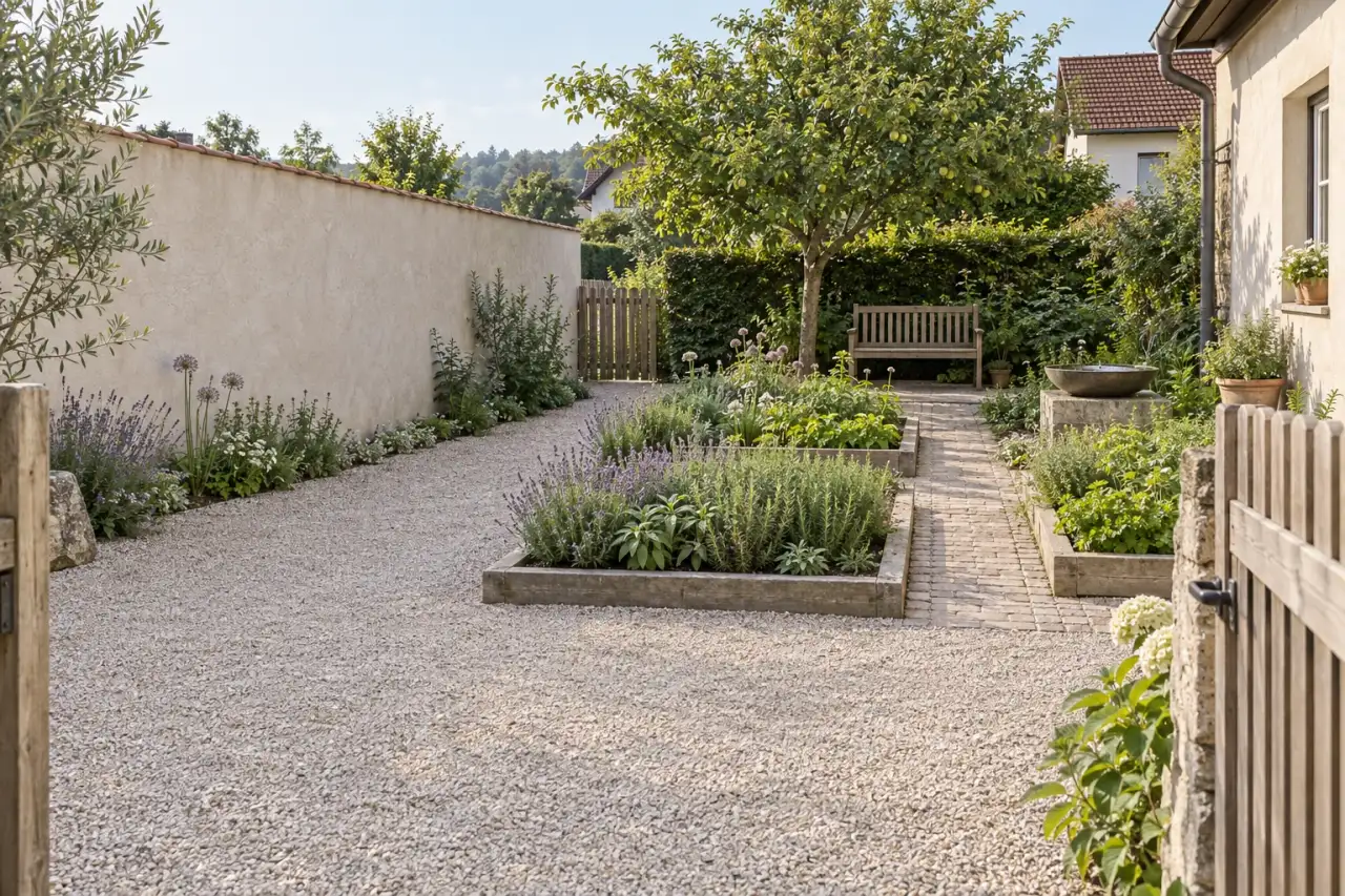 Zeitgemäßer Klostergarten mit Wegekreuz, Kräuterbeeten, Wasserschale und Holzbank