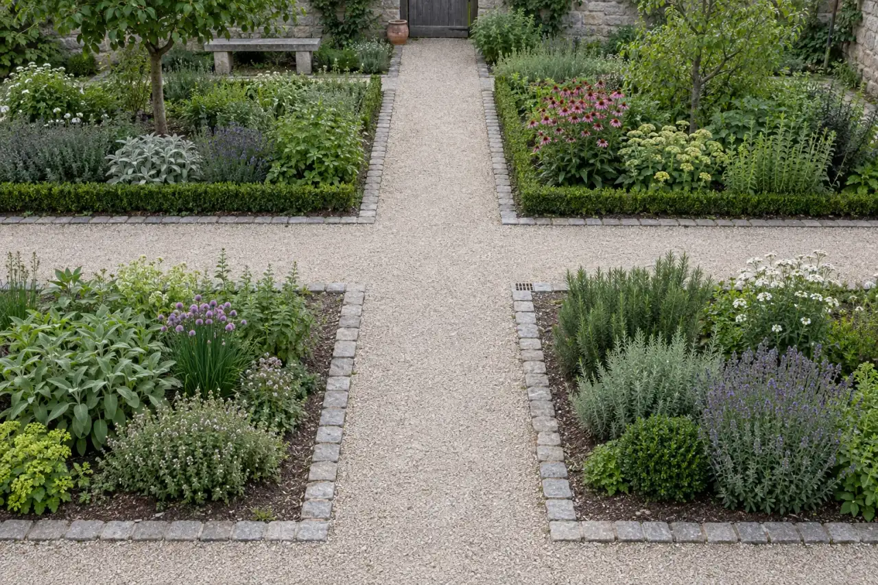 Kreuzung zweier rechtwinkliger Gartenwege zwischen Beetflächen