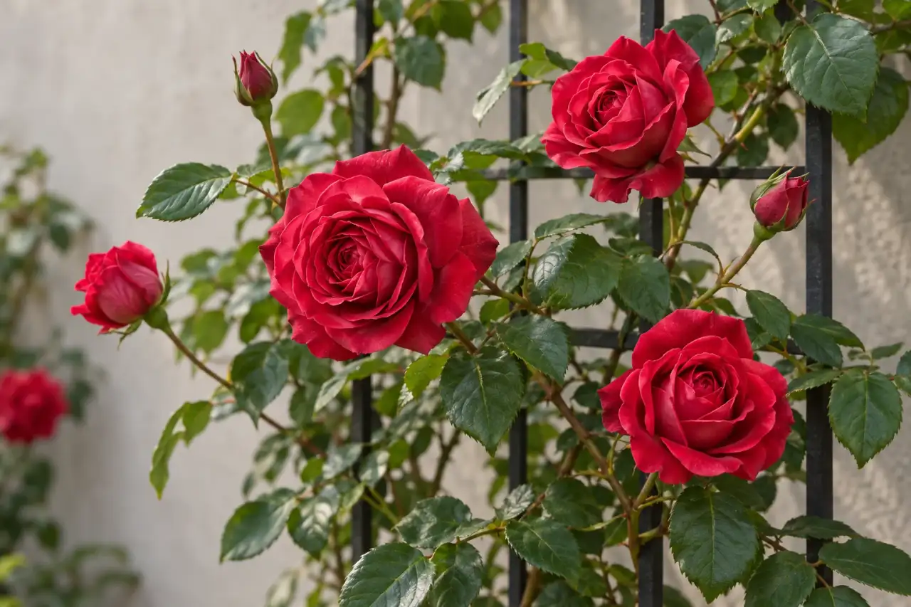 Duftende Rose mit geöffneten rosenroten Blüten an einer hellen Wand