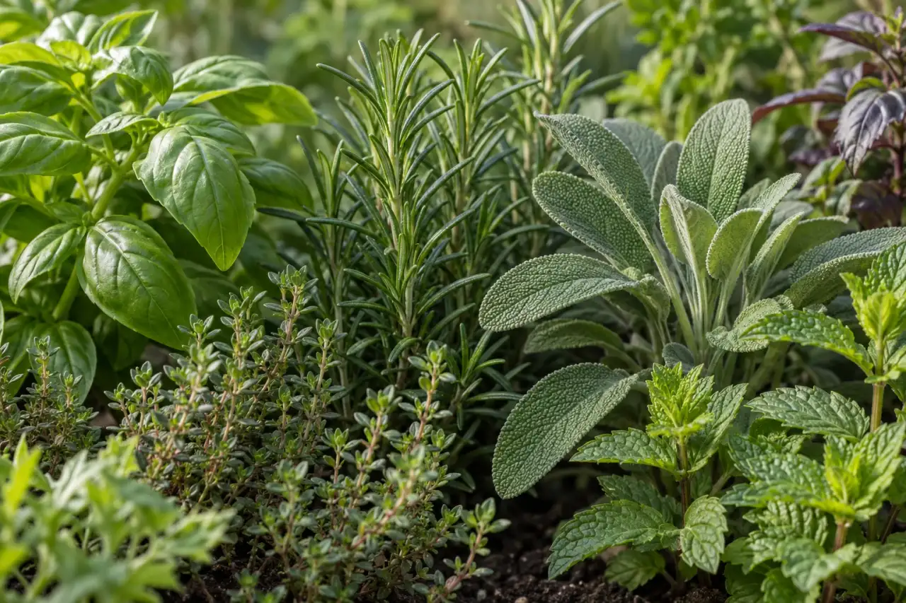 Detail verschiedener Gewürz- und Teekräuter mit unterschiedlichen Blatttexturen