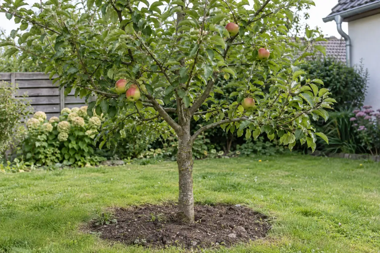 Einzeln stehendes Obstgehölz mit sichtbarer Krone und freiem Wurzelbereich