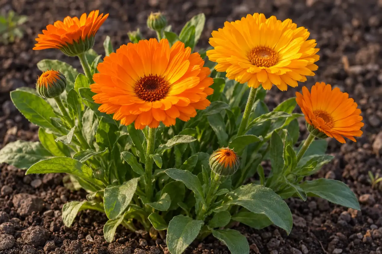 Ringelblumen mit orangefarbenen Blüten in einem Gartenbeet