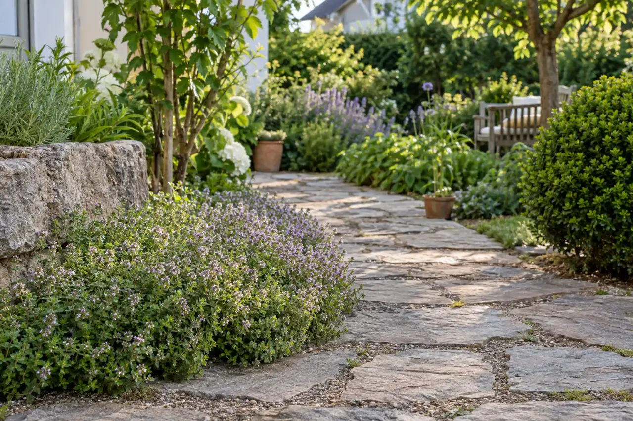 Niedrige Thymiangruppe am Rand eines häufig genutzten Gartenwegs