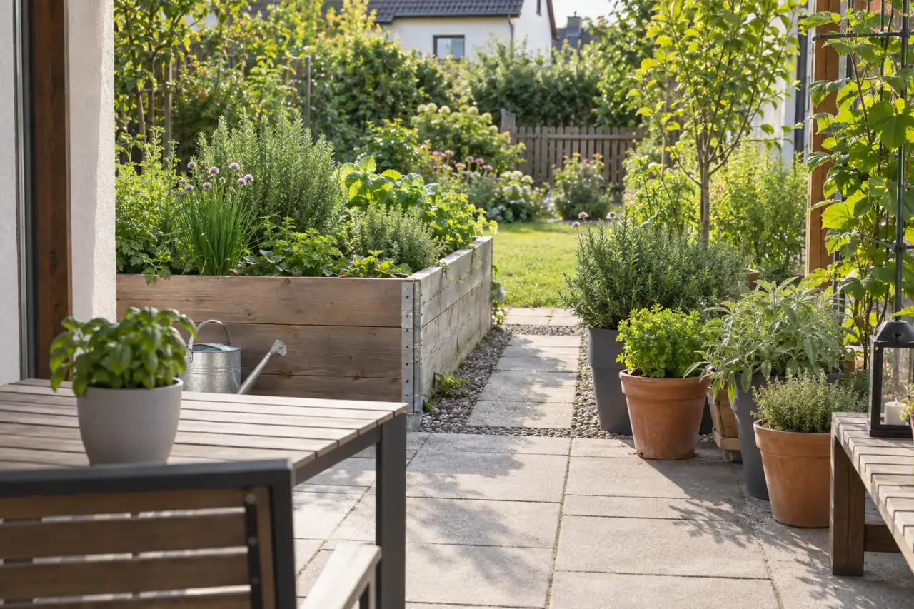 Kurzer freier Weg von der Terrasse zu Hochbeet und Kräutertöpfen
