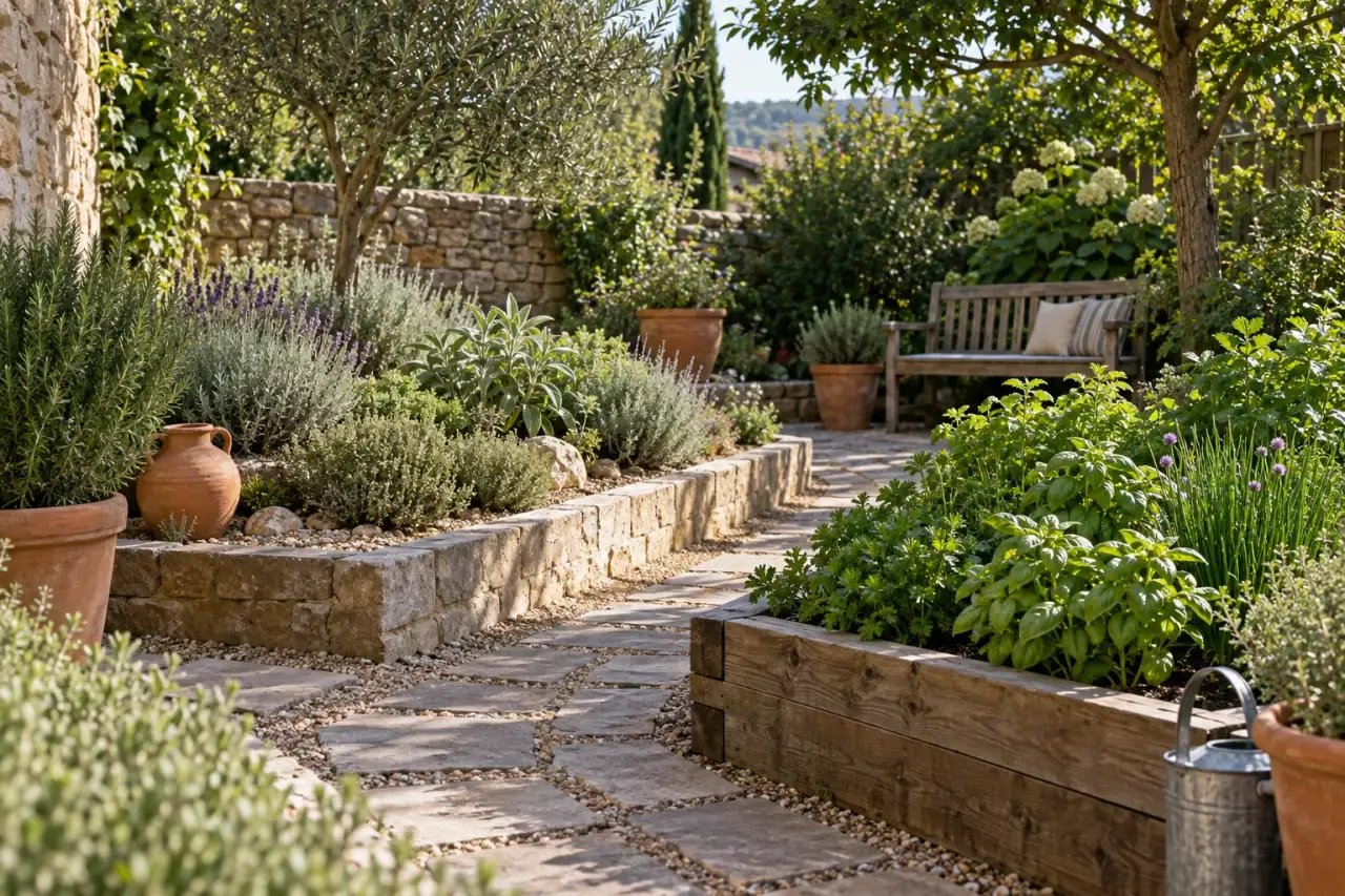 Klare Beetformen, Blickachse und wiederkehrende Materialien im Kräutergarten