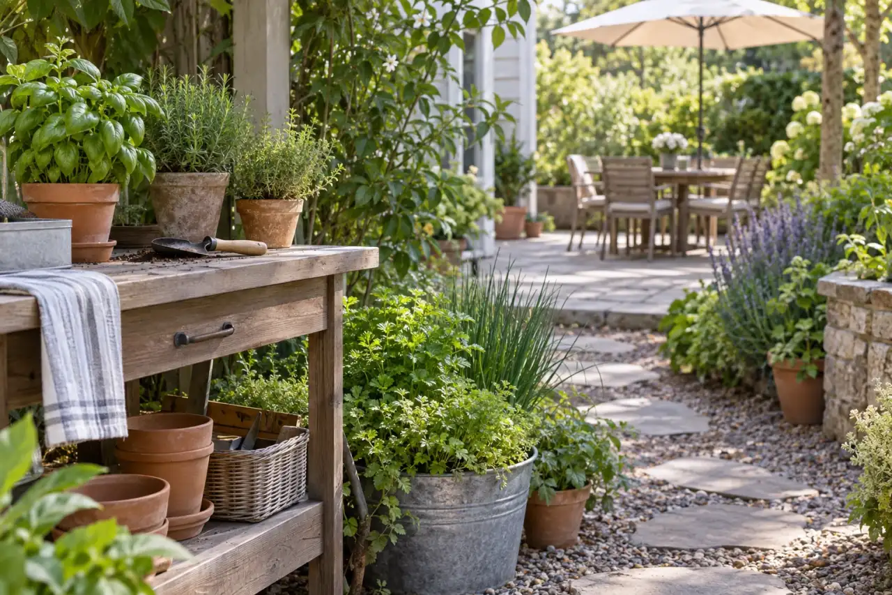 Gut erreichbare Kräuter neben Pflanztisch und freiem Terrassenweg