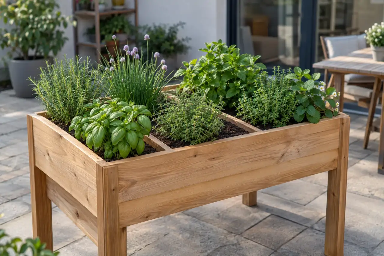 Kräuterhochbeet mit sichtbar gegliederten Pflanzbereichen