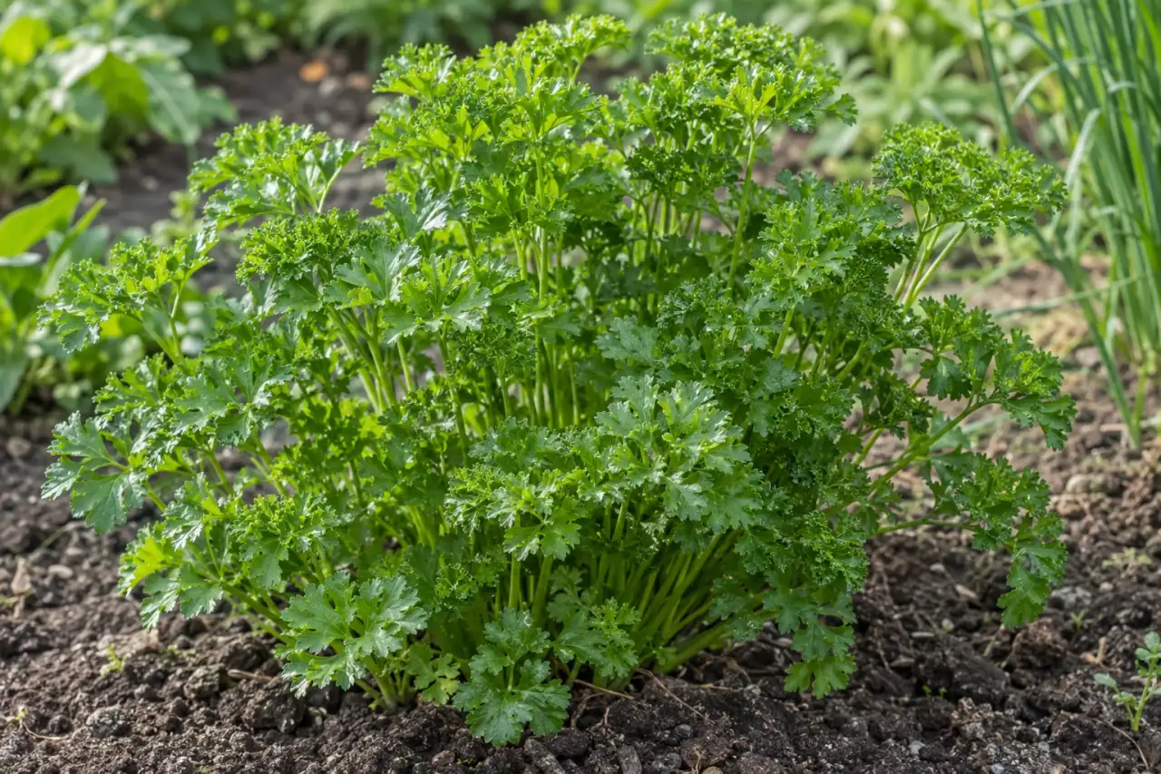 Detailaufnahme einer Petersilienfläche mit frischgrünen Blättern