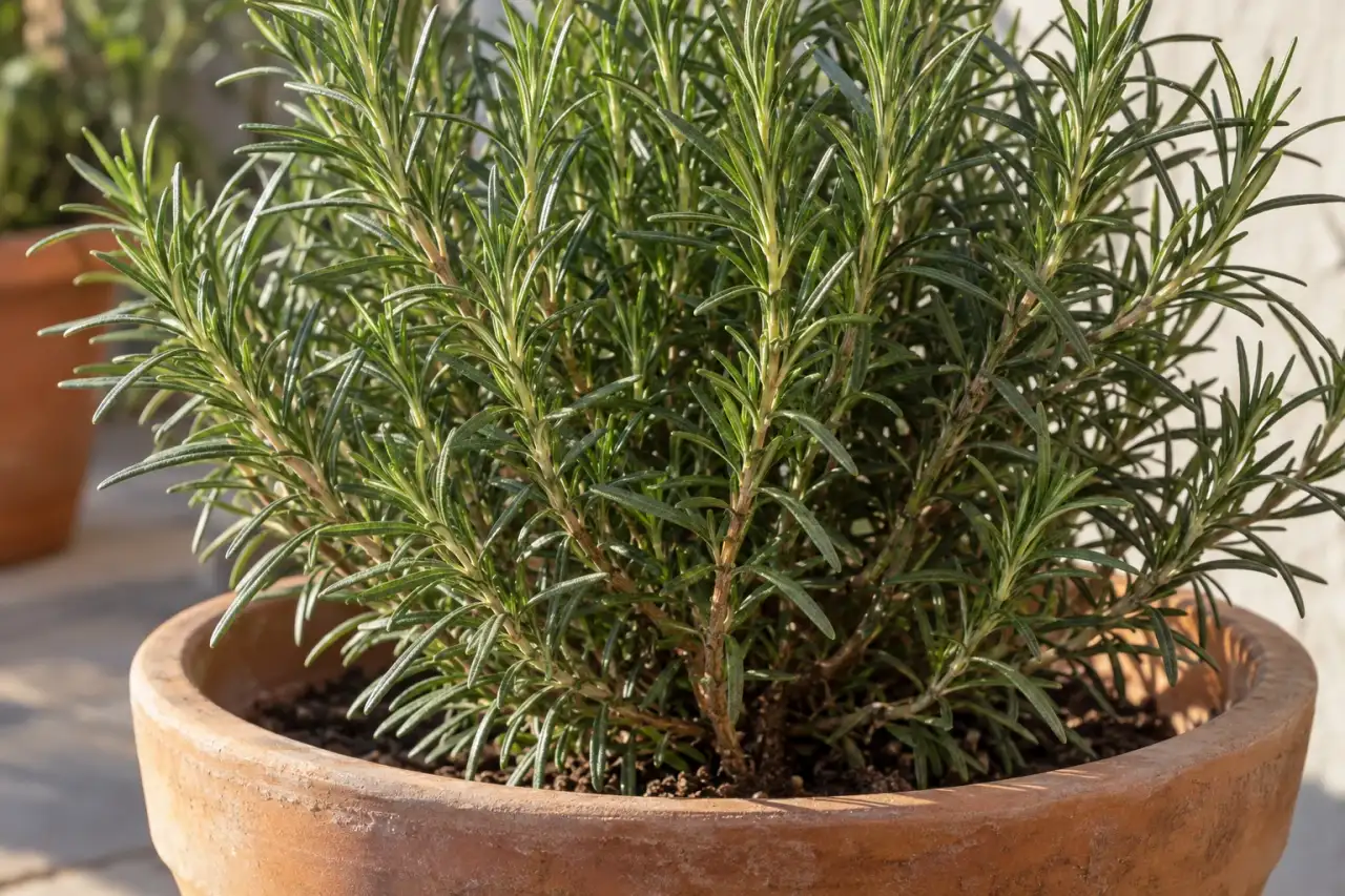 Rosmarin mit schmalen Blättern in einem eigenen Kübel