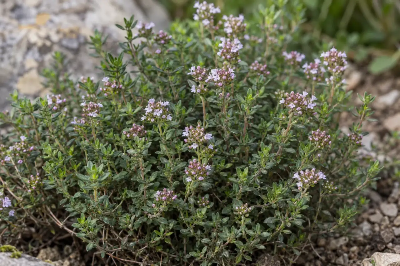 Detail einer niedrigen Thymiangruppe mit feinen Blättern