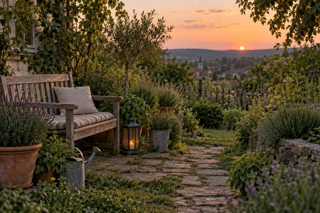 Wohnlicher Lieblingsplatz mit Holzbank und Kräutern in der Abendstimmung