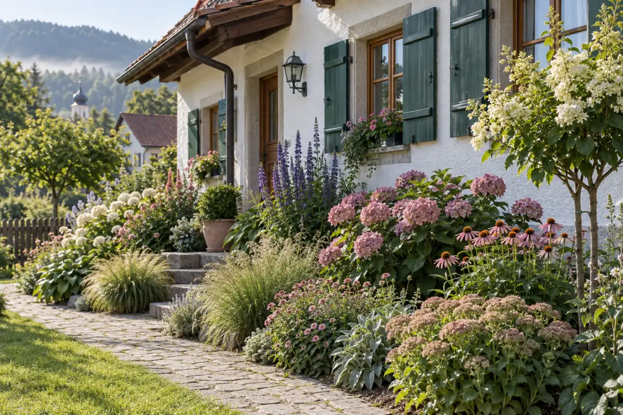 Zusammenhängende Blütenrabatte direkt am Haus mit gestaffelten Pflanzengruppen