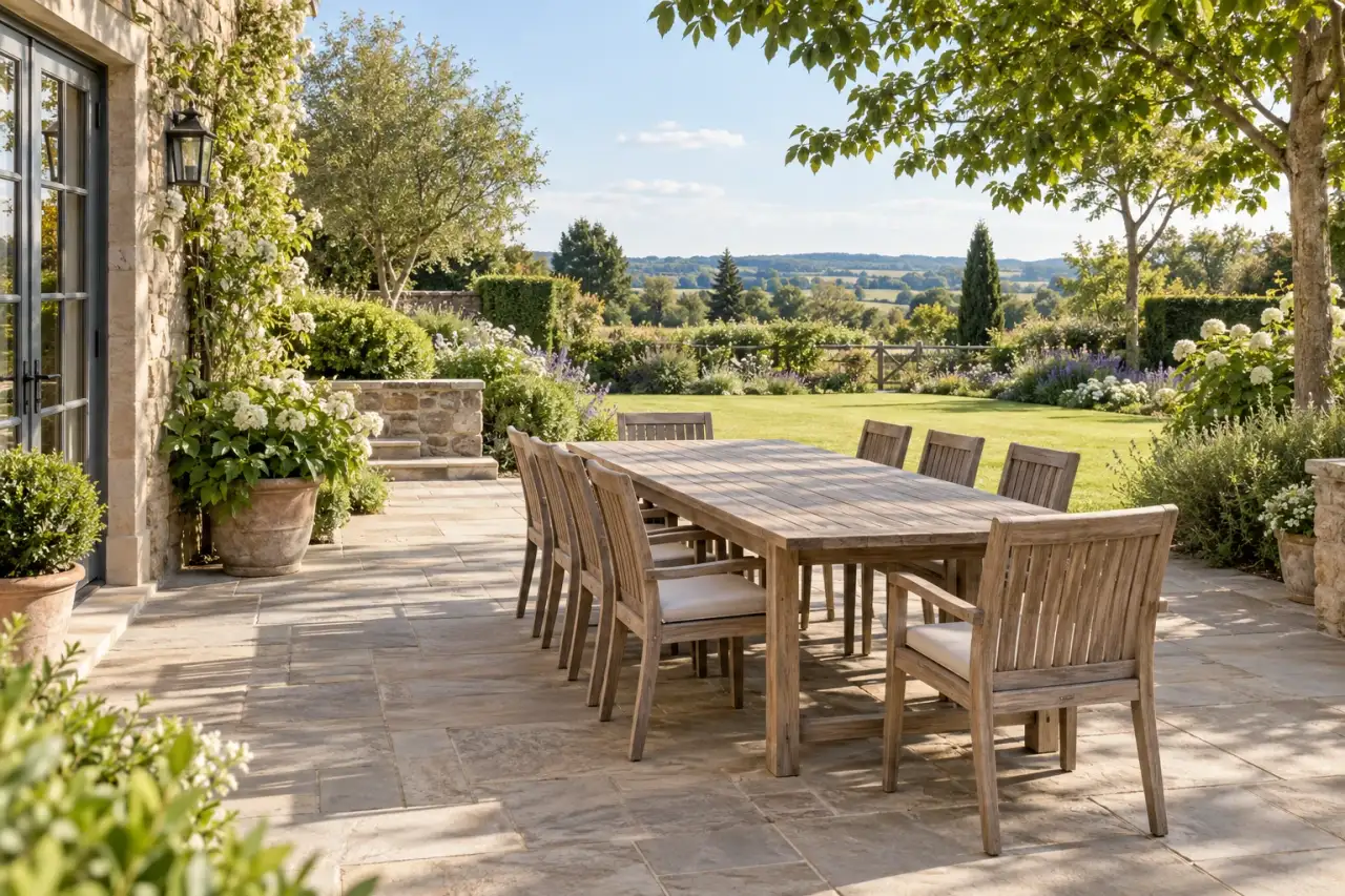 Großer Gartentisch mit freien Zugängen und Blick in den Garten