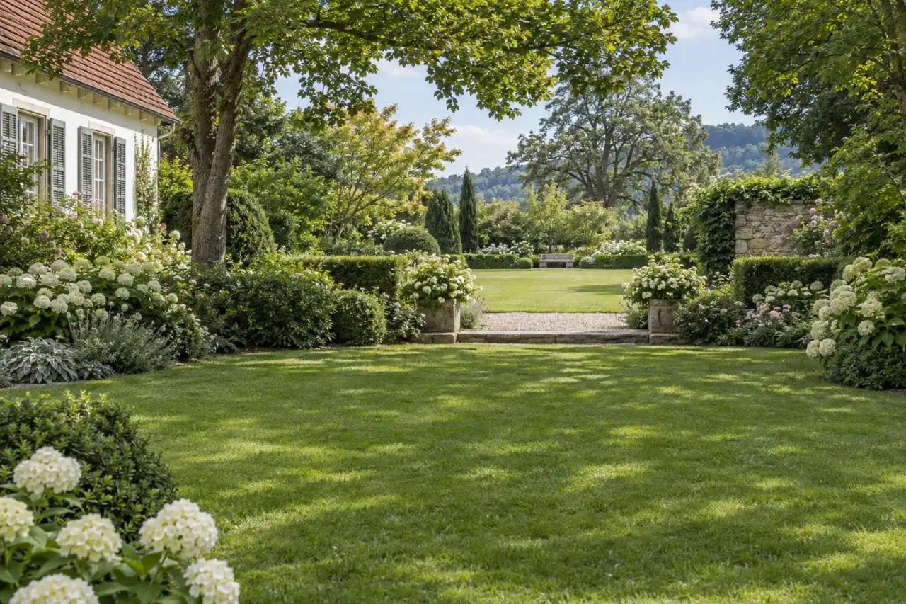 Großzügiger Gartenraum mit klarer Achse und bepflanztem Übergang