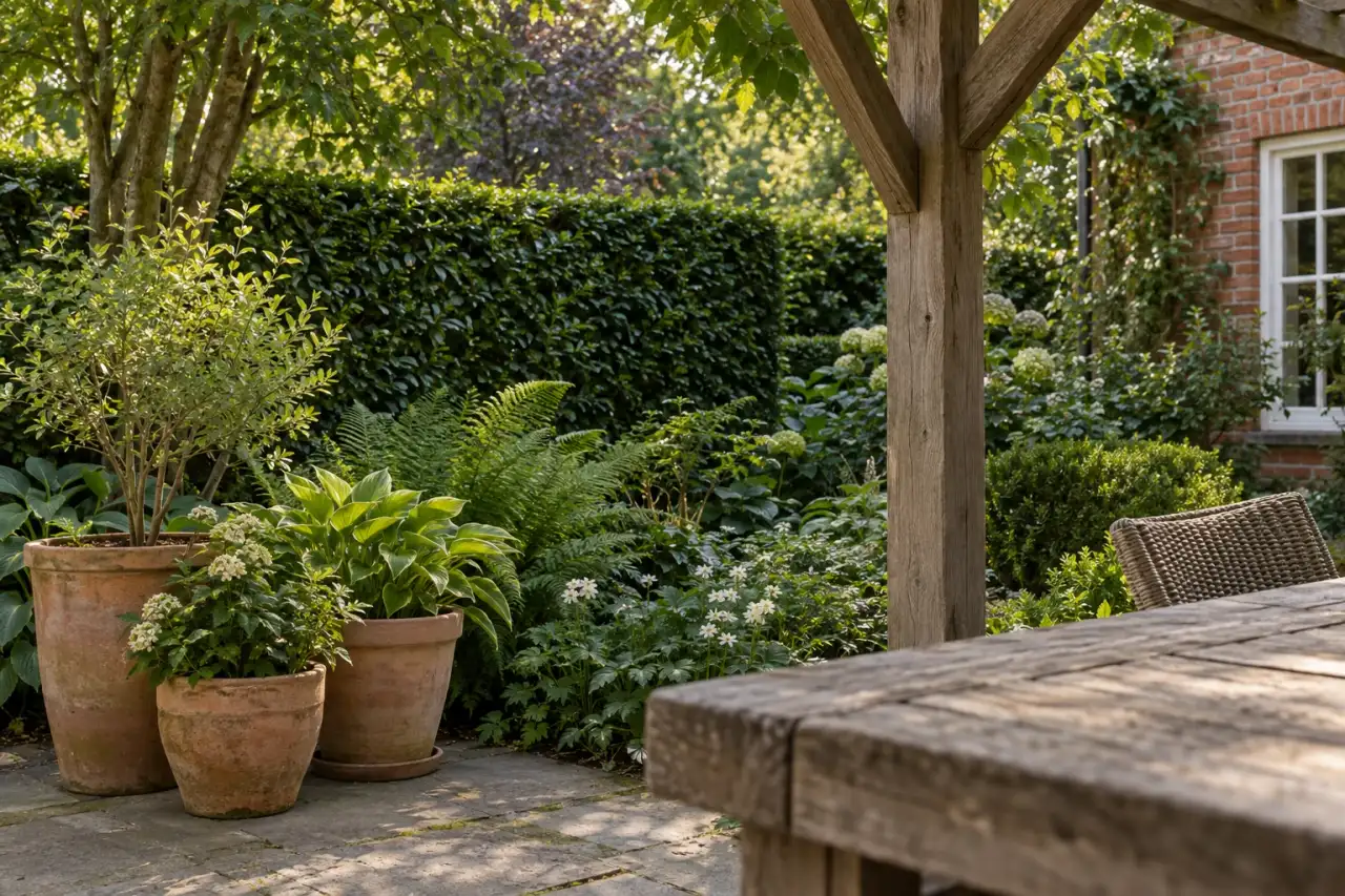 Von Holz, Terrakotta und Grün gefasster Sitzbereich