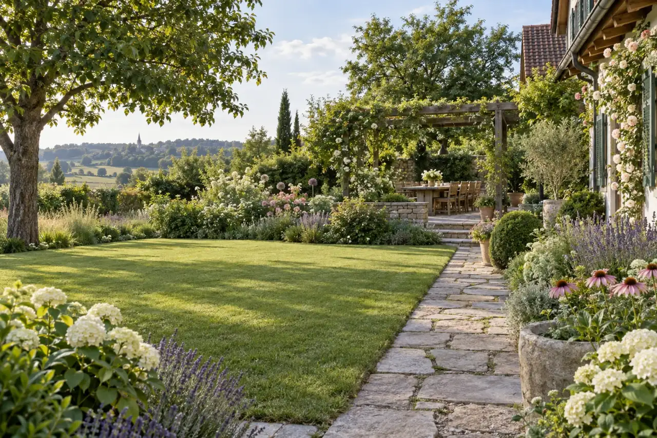 Weitläufiger Landhausgarten mit Blütenrabatten, Natursteinweg und Holzpergola
