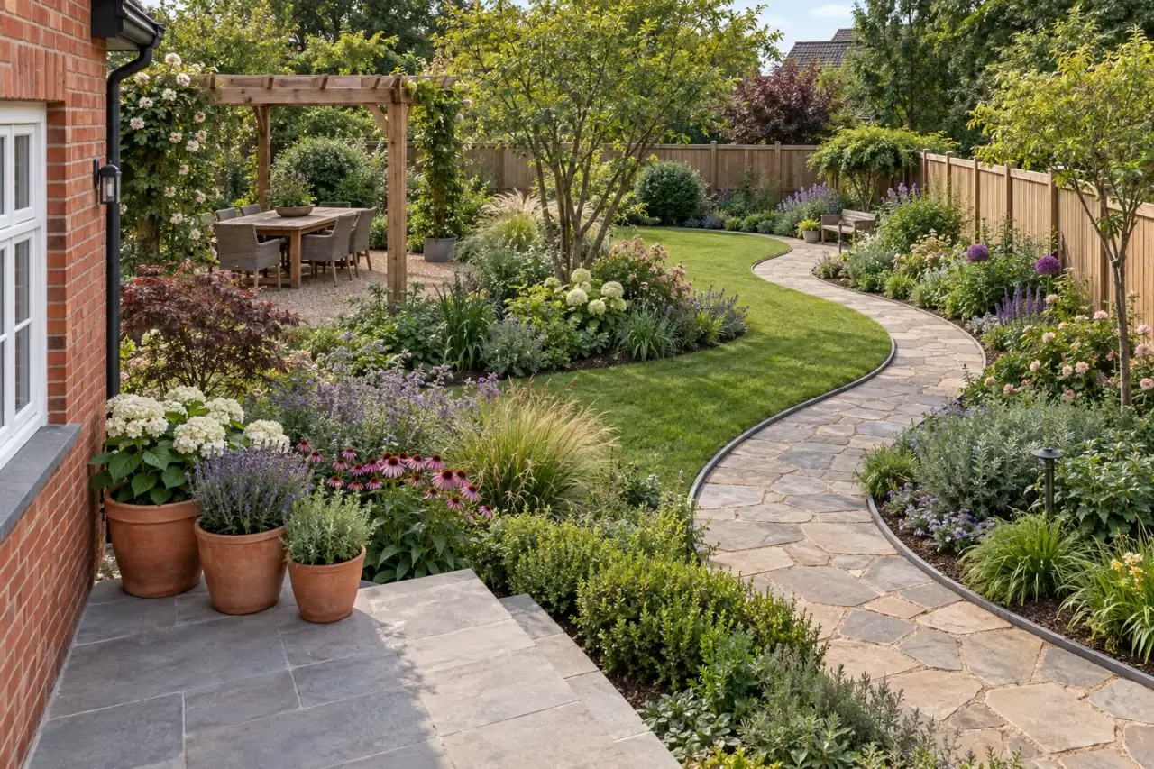 Gesamtansicht mit Natursteinweg, Holzpergola, Gartentisch, Holzzaun, Terrakottagefäßen und niedriger Beeteinfassung