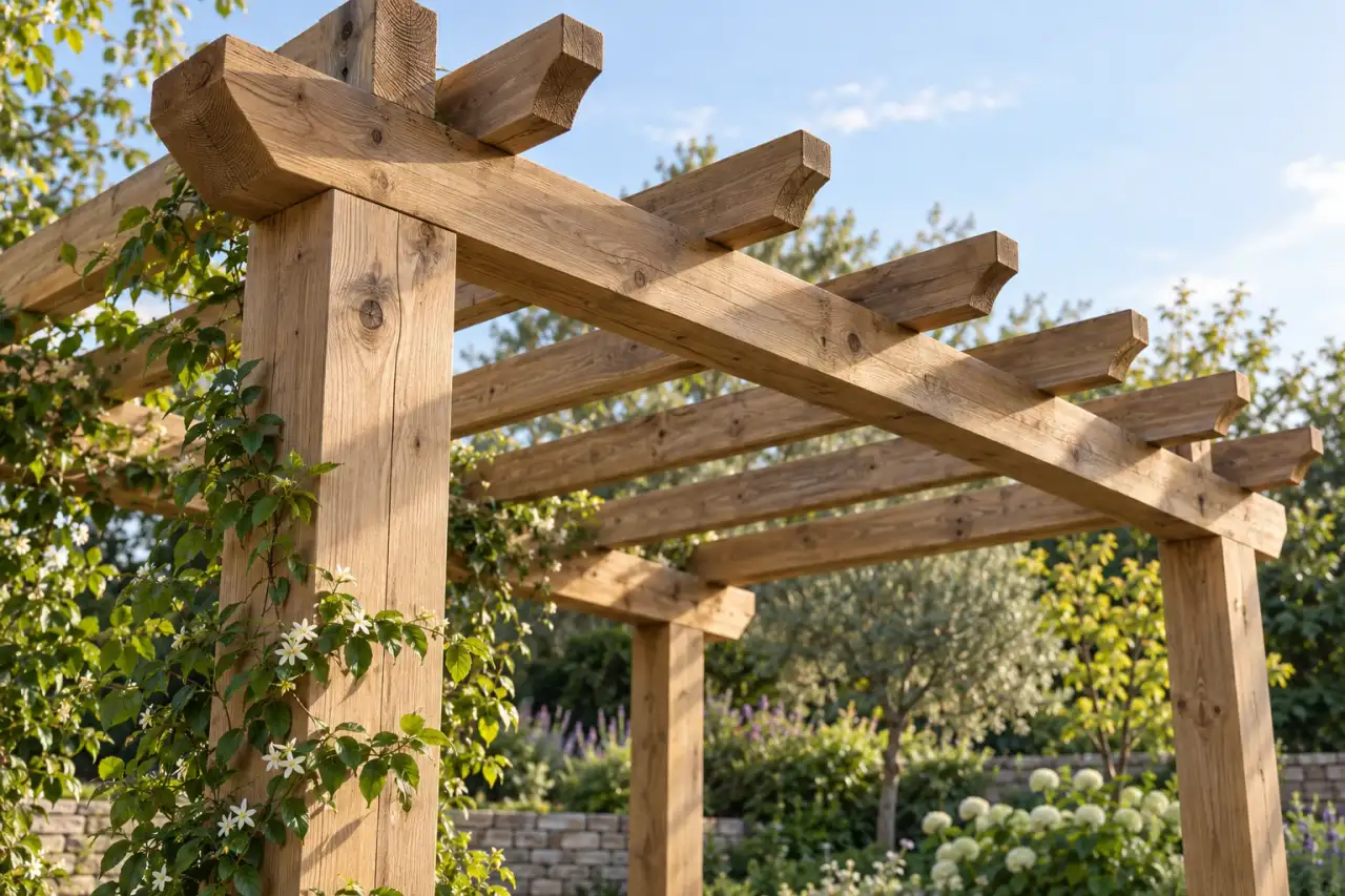 Schlichte Holzpergola mit sichtbarer Konstruktion und natürlicher Maserung