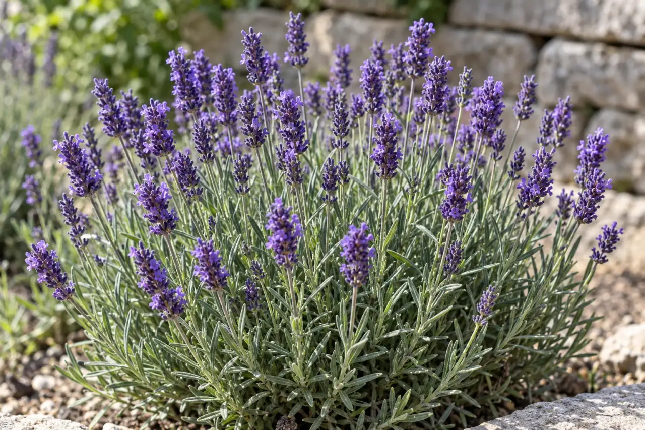 Echter Lavendel mit schmalem Laub und violetten Blütenständen