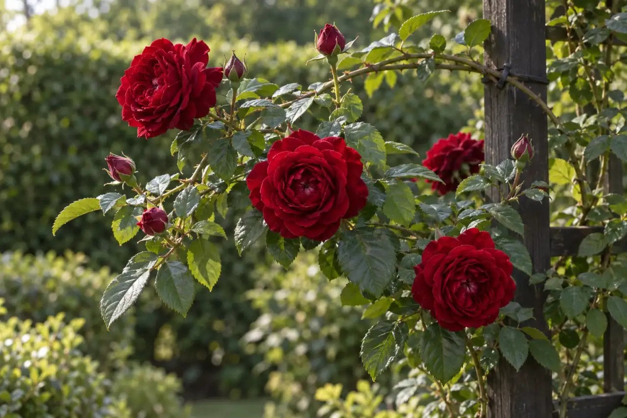 Rose mit Blüten, Knospen und natürlichem Laub