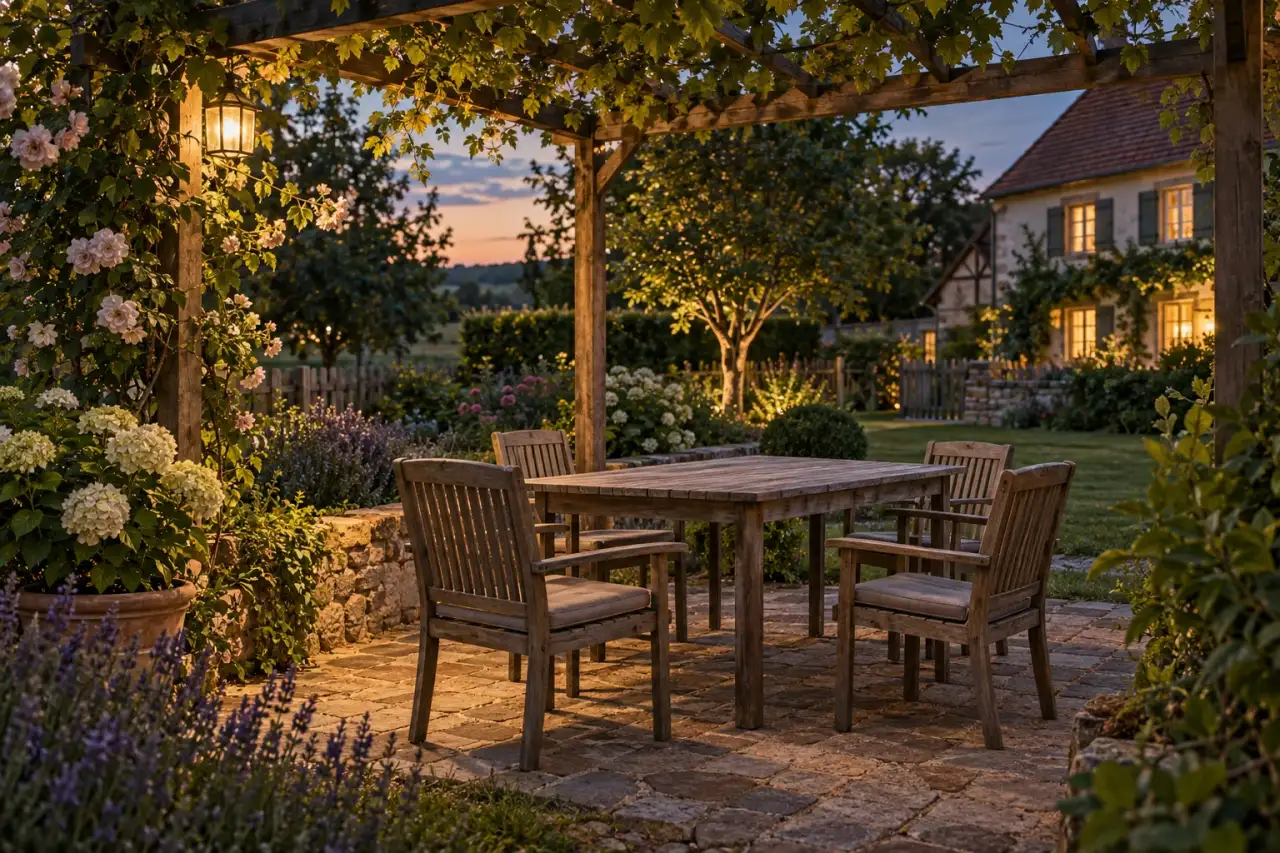 Ruhiger Lieblingsplatz unter einer Holzpergola am Abend