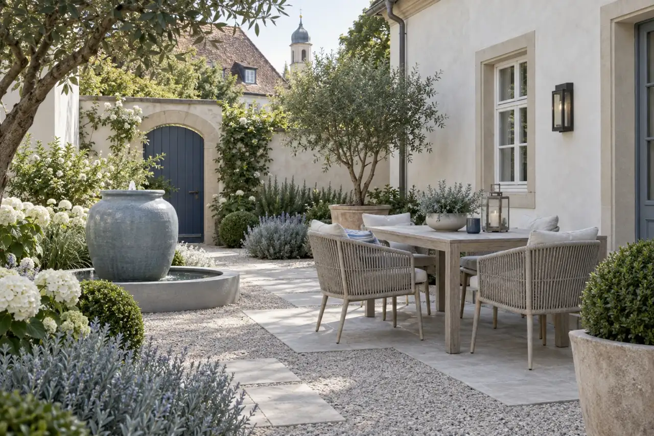 Gartenszene in Dünenbeige, Kreideweiß, Nebelblau und tiefem Fjordblau