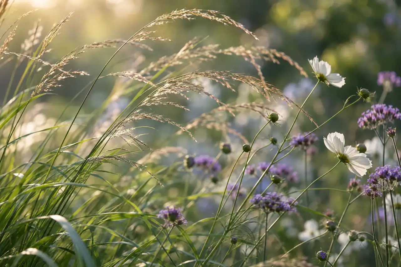 Feine Gräser und lockere Blütenstände in sanfter Windbewegung