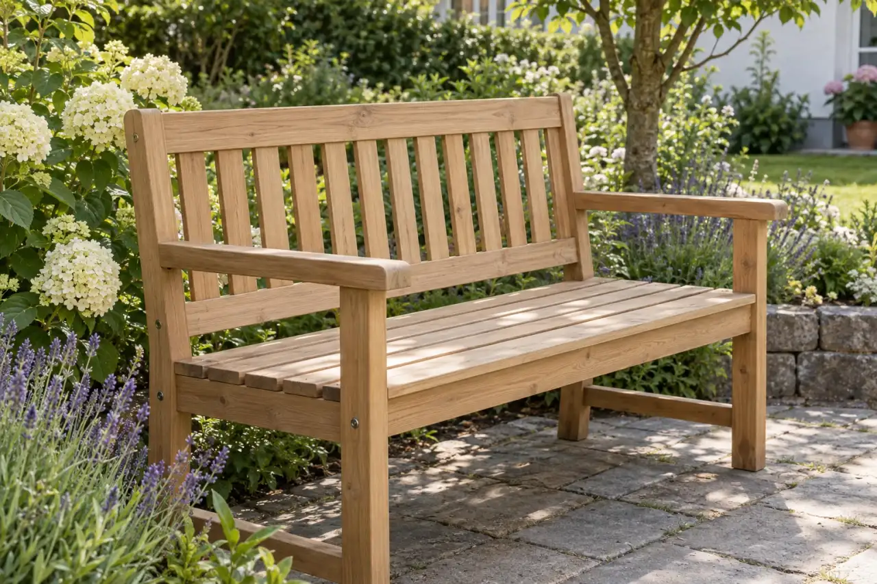 Schlichte Holzbank mit matter Oberfläche als ruhiger Sitzplatz im Garten