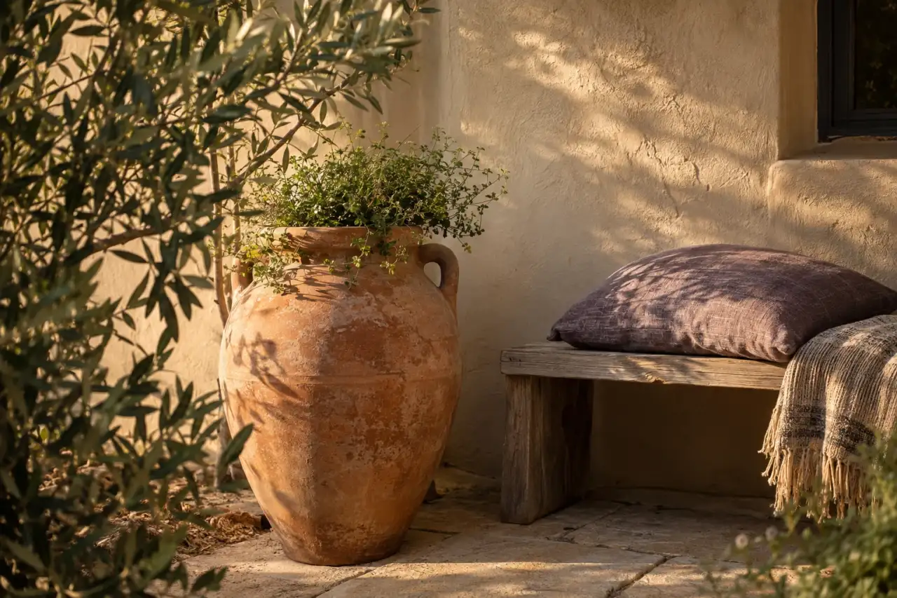 Terrakotta, Sand und Olivgrün mit einem dezenten violetten Textilakzent.