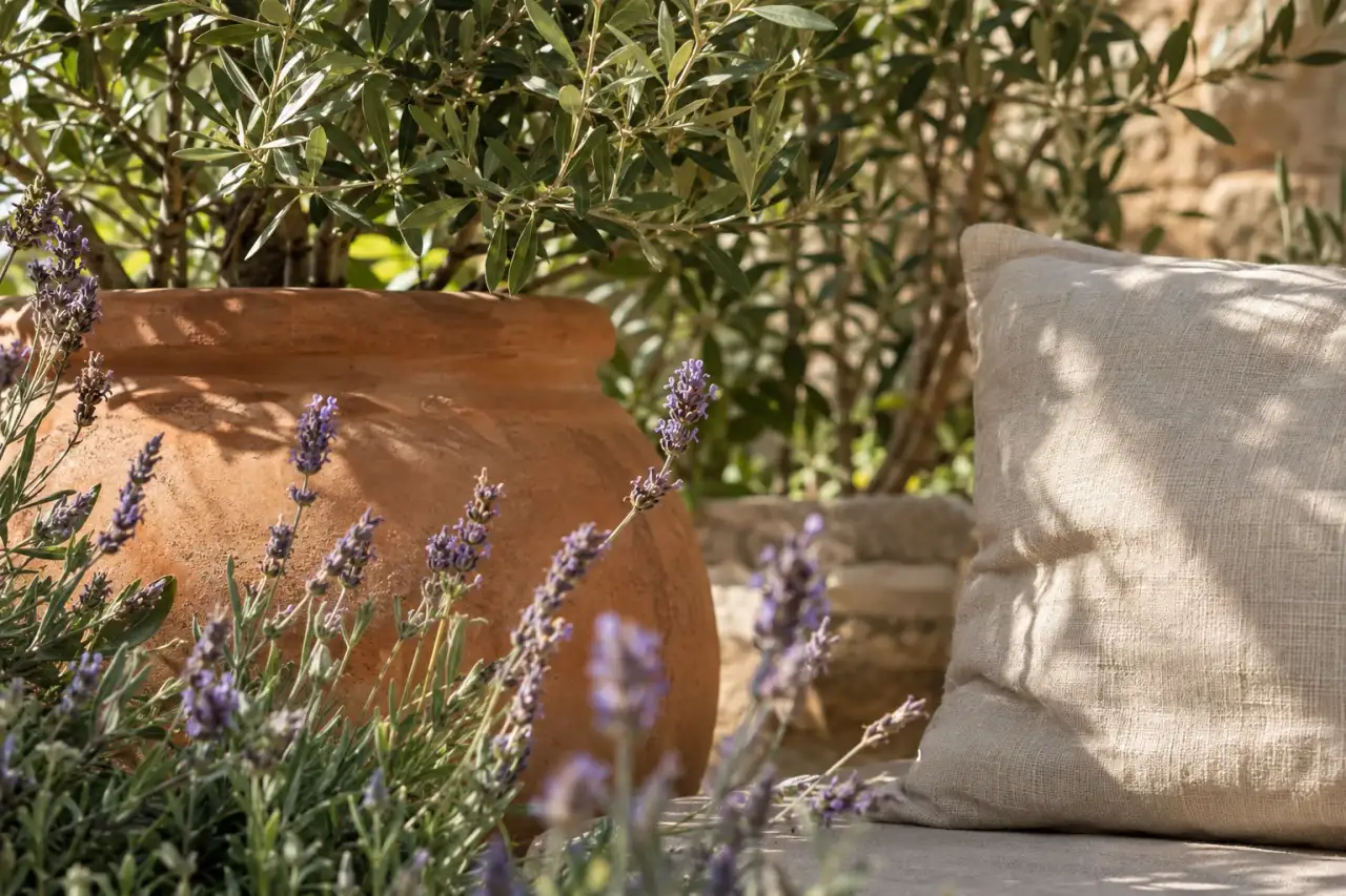 Wiederkehrende Sand- und Terrakottatöne mit grünen und violetten Pflanzenakzenten.