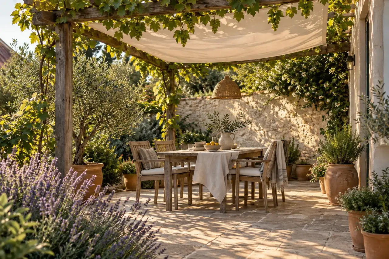Sonniger Essplatz unter einer Holzpergola mit Weinlaub und hellem Stoffdach, umgeben von Lavendel und Terrakottakübeln.