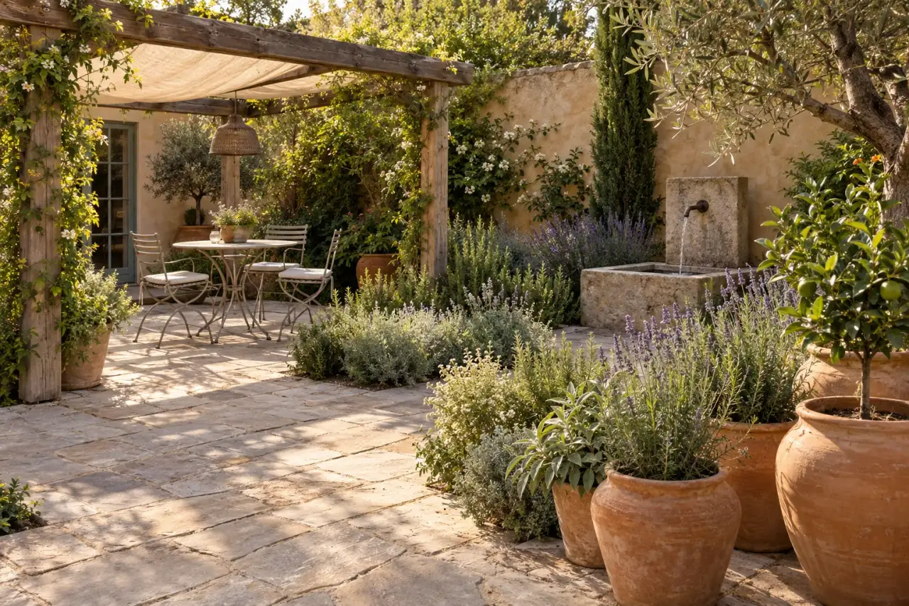 Mediterraner Garten: Heller Naturstein, Terrakotta, Holzpergola, Warme Mauern, Brunnen & Wasserbecken, Leichte Gartenmöbel in einer gemeinsamen Gartenszene