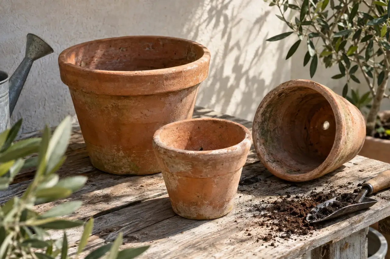 Terrakottagefäße mit sichtbaren Abzugslöchern und natürlicher Patina.