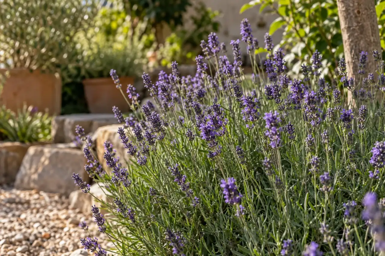 Echter Lavendel mit schmalen Blättern und violetten Blütenähren.