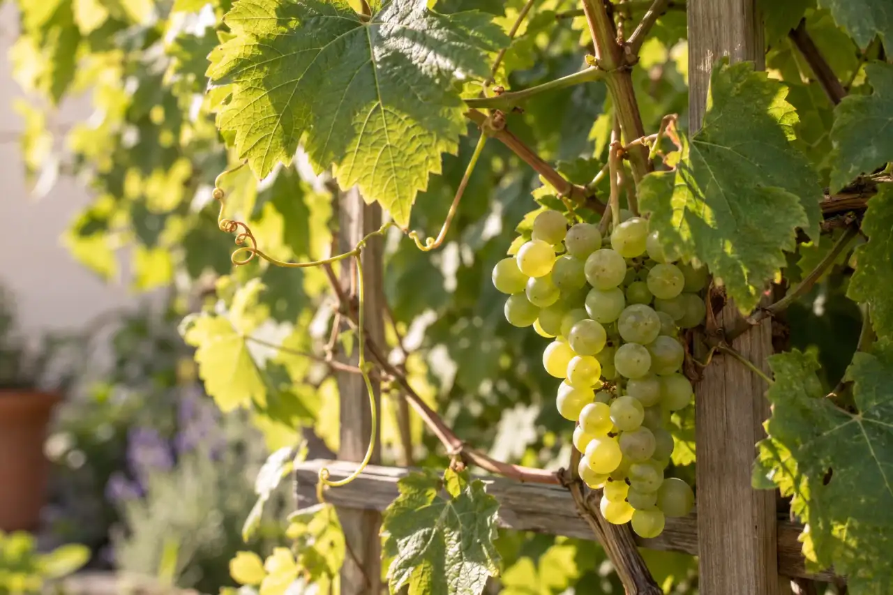 Weinblätter und Ranken an einer hölzernen Rankhilfe.