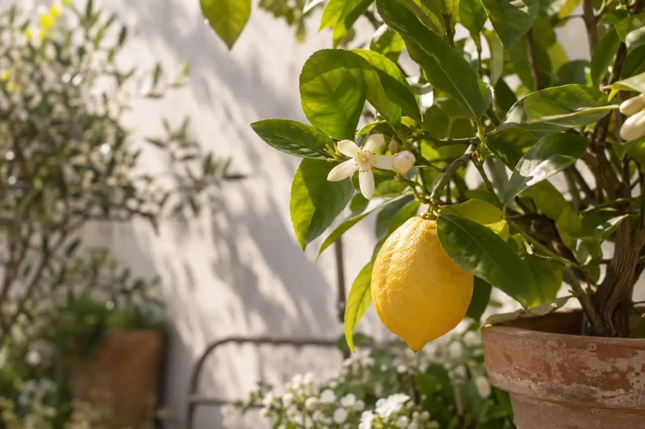 Zitronenfrucht, weiße Blüte und glänzende Blätter am Kübelbaum.