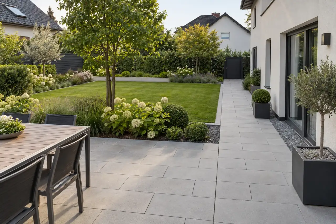 Großzügig gegliederte Gartenflächen mit durchgehenden Kanten und klar geführtem Weg