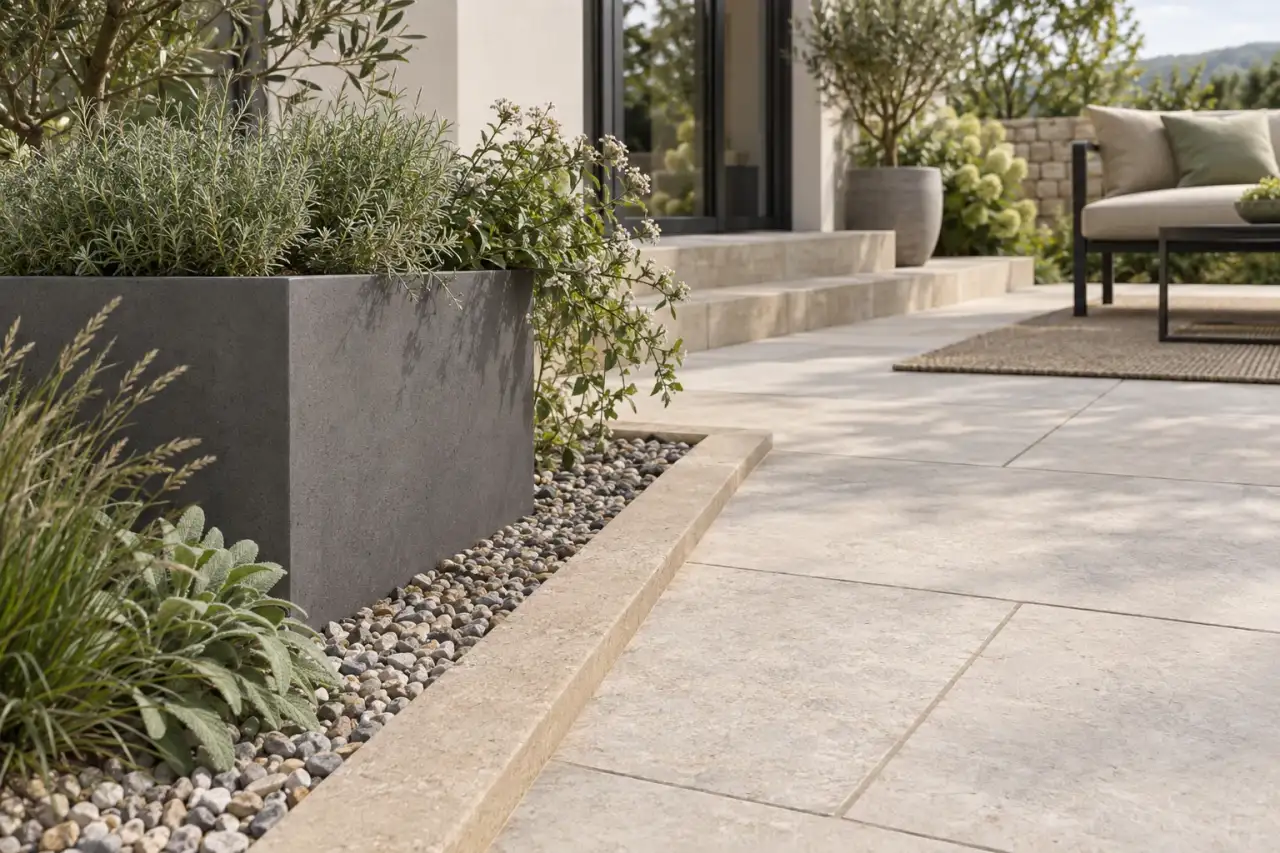 Abgestimmte Gartenmaterialien in Kalkweiß, Sandbeige, Steingrau und Salbeigrün