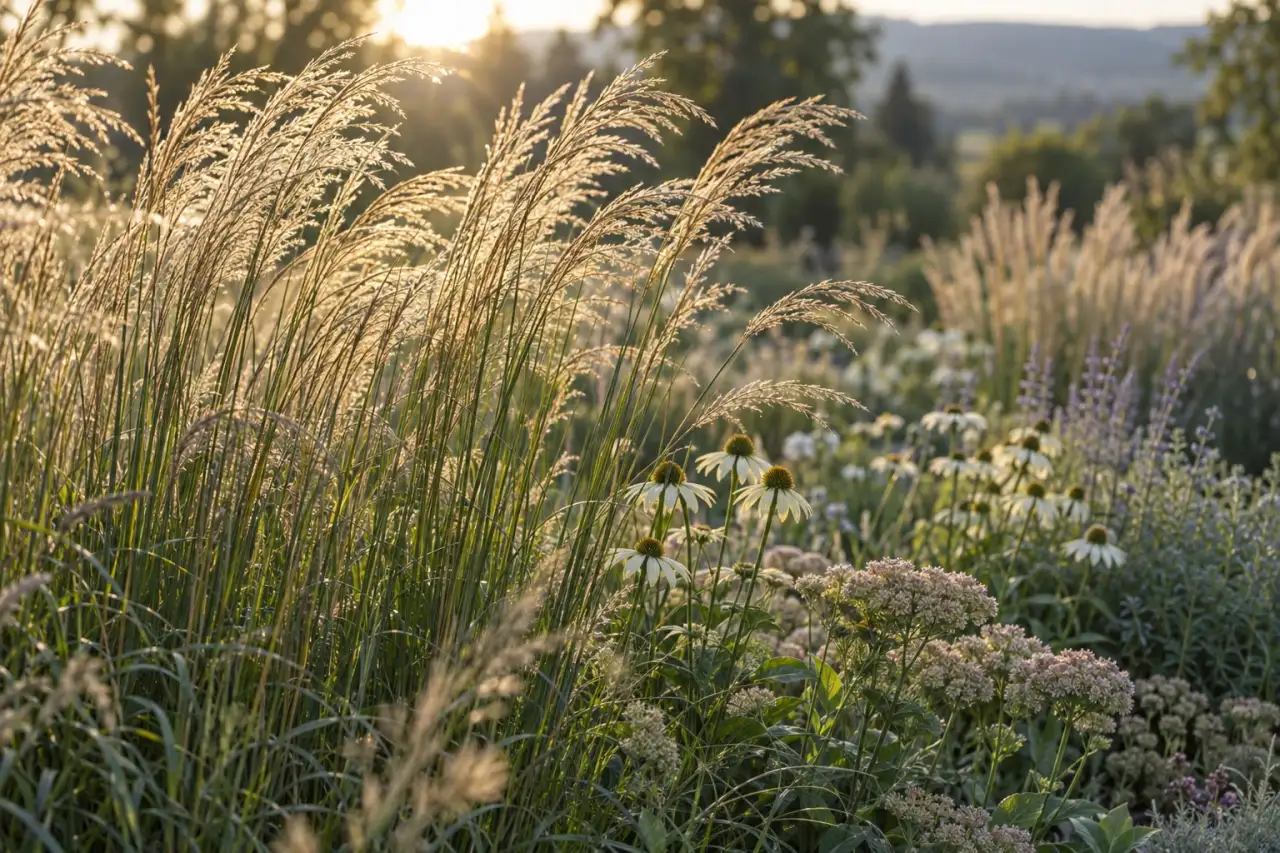 Gräser in sanfter Bewegung neben wenigen hellen saisonalen Blüten
