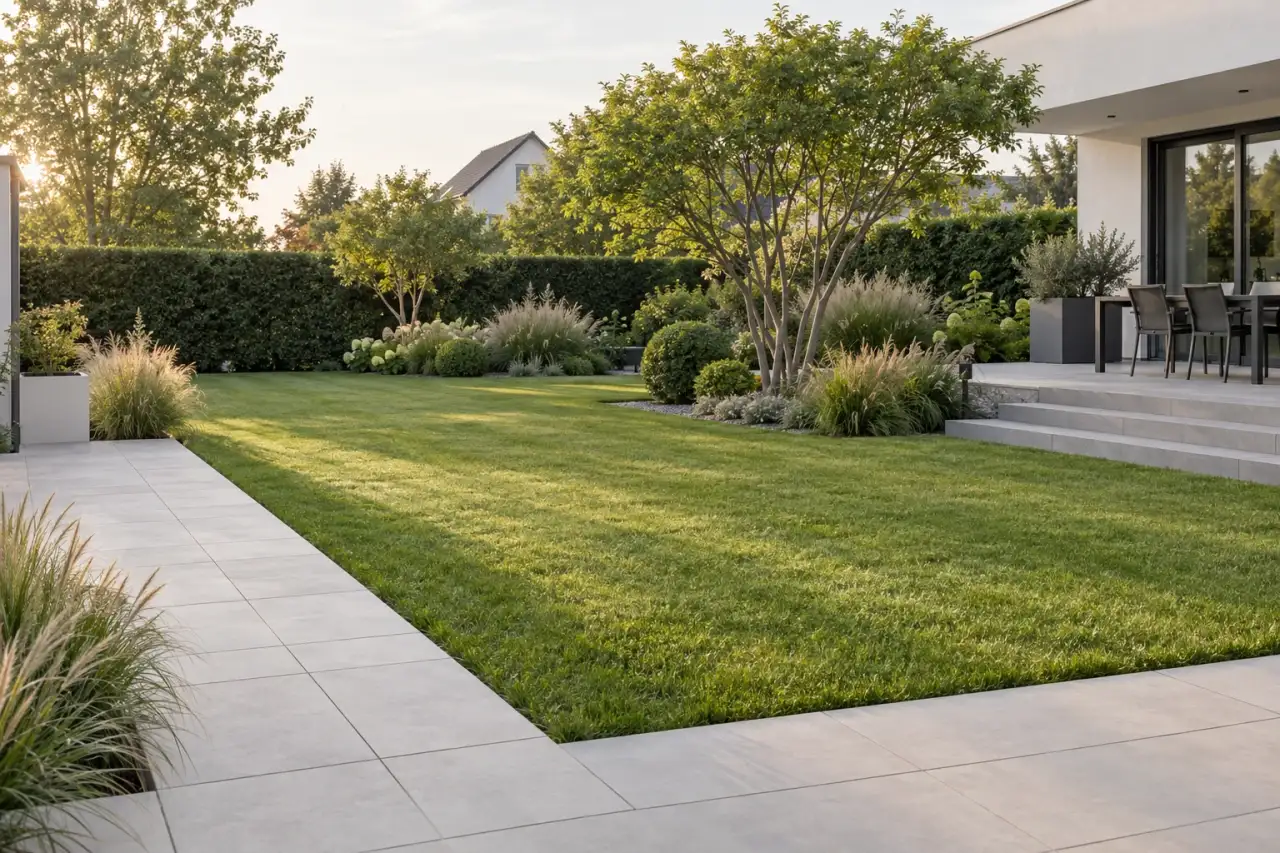 Minimalistischer Hausgarten mit freier Fläche, Gräserband, Solitärgehölz und grauer Terrasse